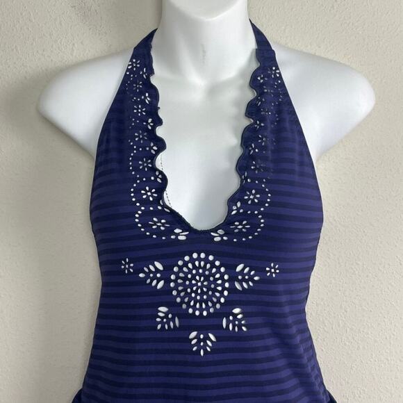 Becca by Rebecca Virtue One Piece Swimsuit‎ M Blue Stripe Halter Laser Cut - Picture 2 of 8
